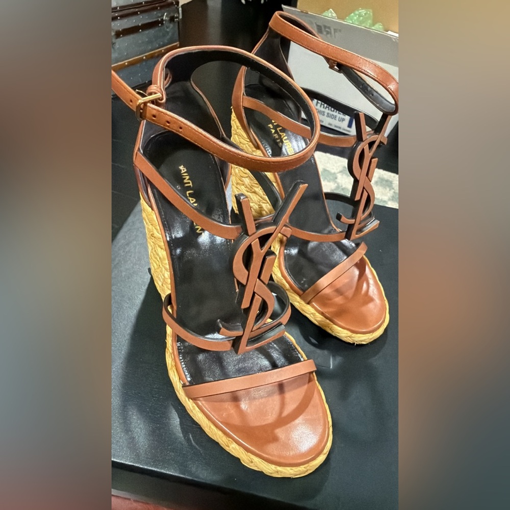 Saint Laurent Tan and Black Wedge Sandals